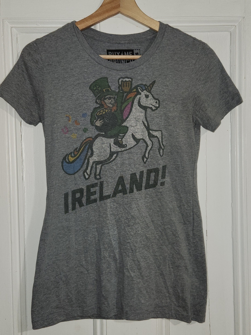 Buy Me Brunch Ireland Leprechaun Riding Unicorn Gray Graphic T-Shirt Small
